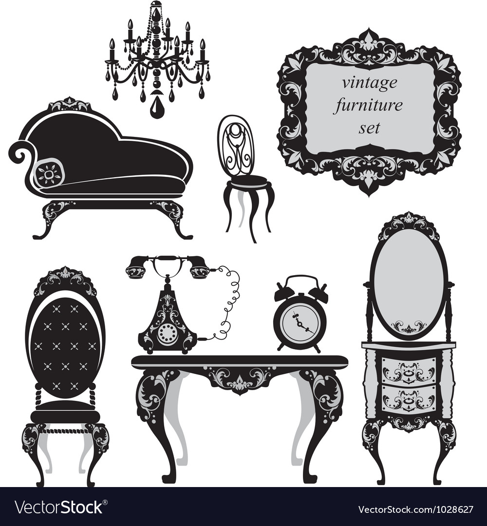 Set of antique furniture - isolated black silhouet