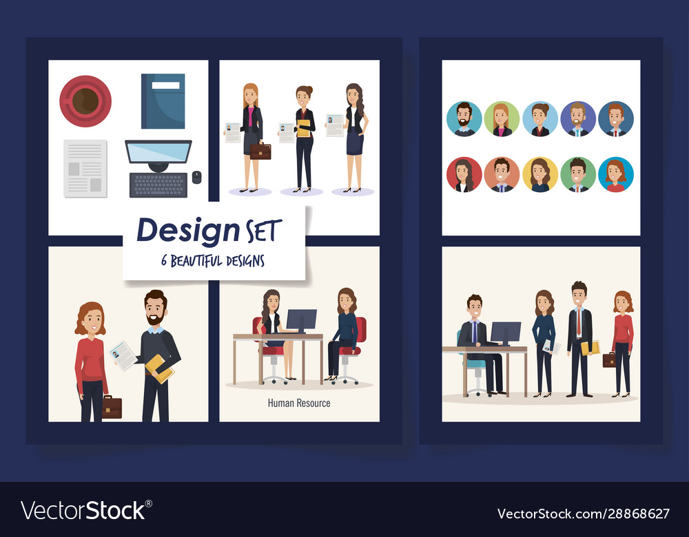 Six designs scenes resources human with icons