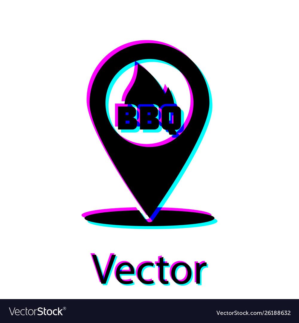 Black map pointer with barbecue icon isolated