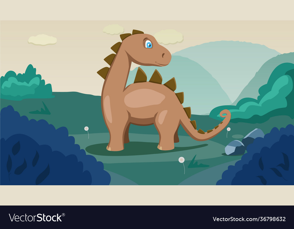 Dinosaur in a meadow surrounded bushes