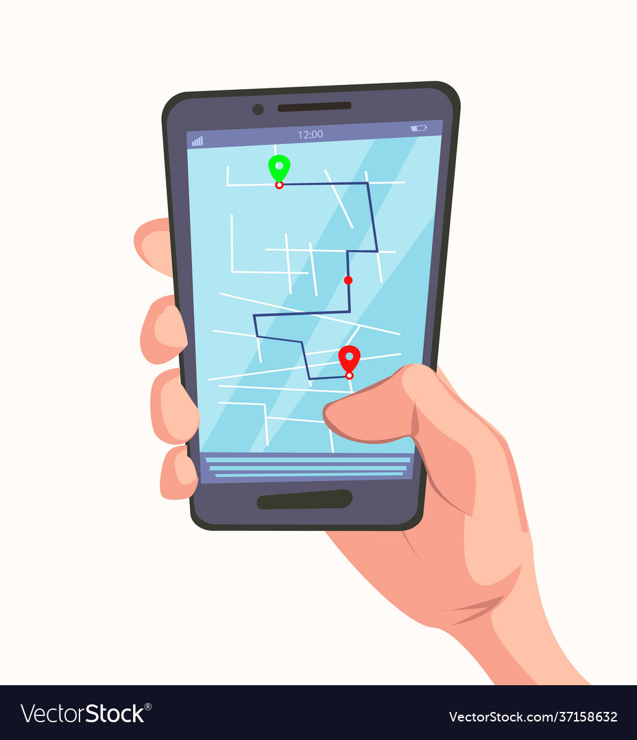 Navigation app with map on mobile phone in hand