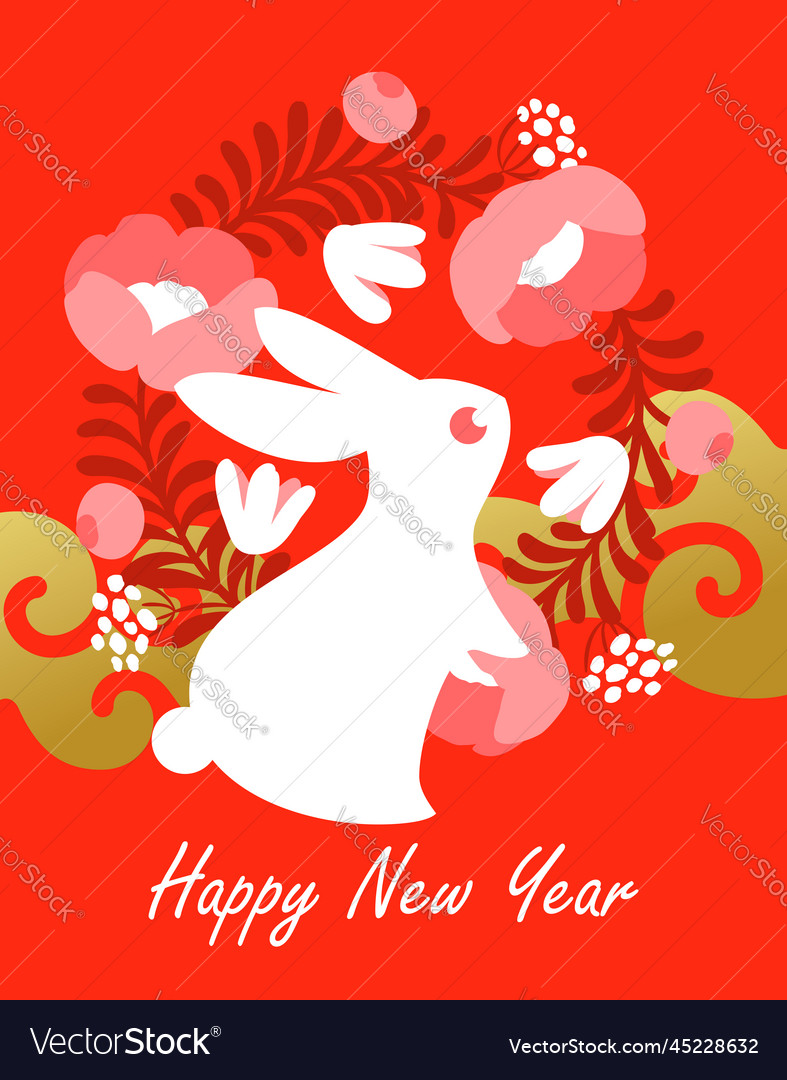 White rabbit on a red cute bunny with floral wreat vector image White rabbit on a red cute bunny with floral wreat
