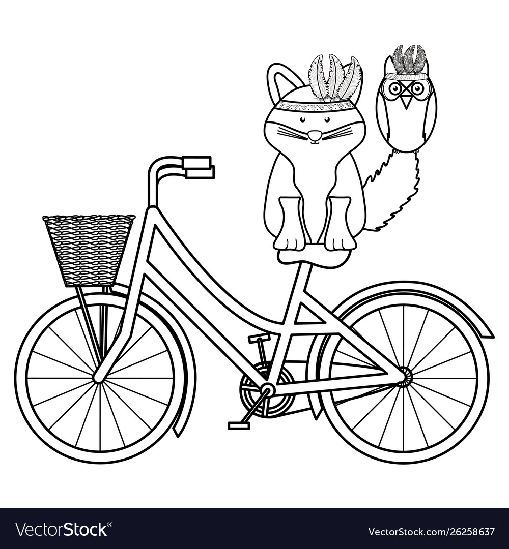 Cute fox with feathers hat in bicycle bohemian