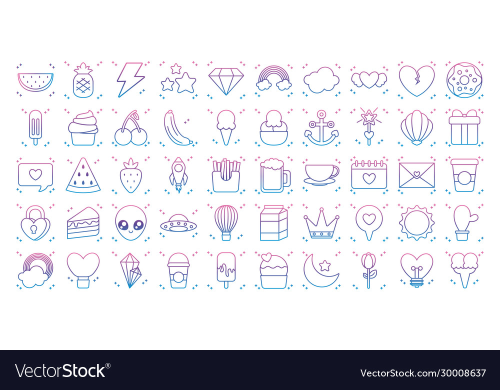 Thunder and kawaii icon set gradient line style