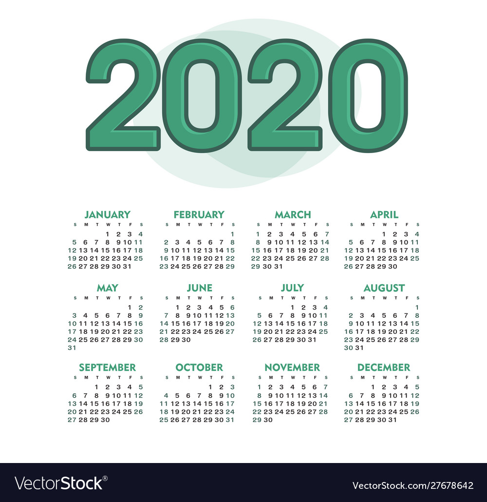 Calendar 2020 year week starts from sunday