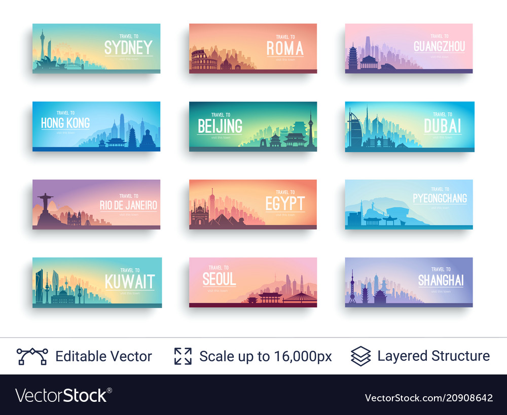 Collection of famous asian city scapes vector image Collection of famous asian city scapes