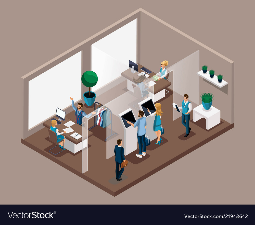 Isometric office of the bank employees serve Vector Image