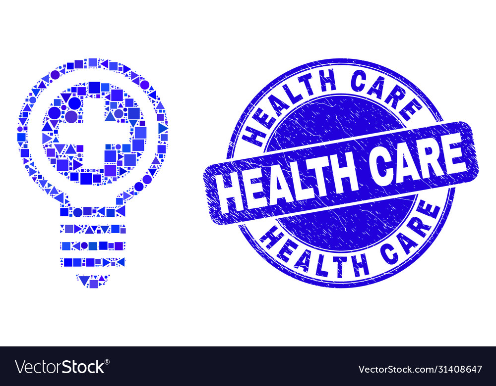 Blue scratched health care stamp and medical bulb