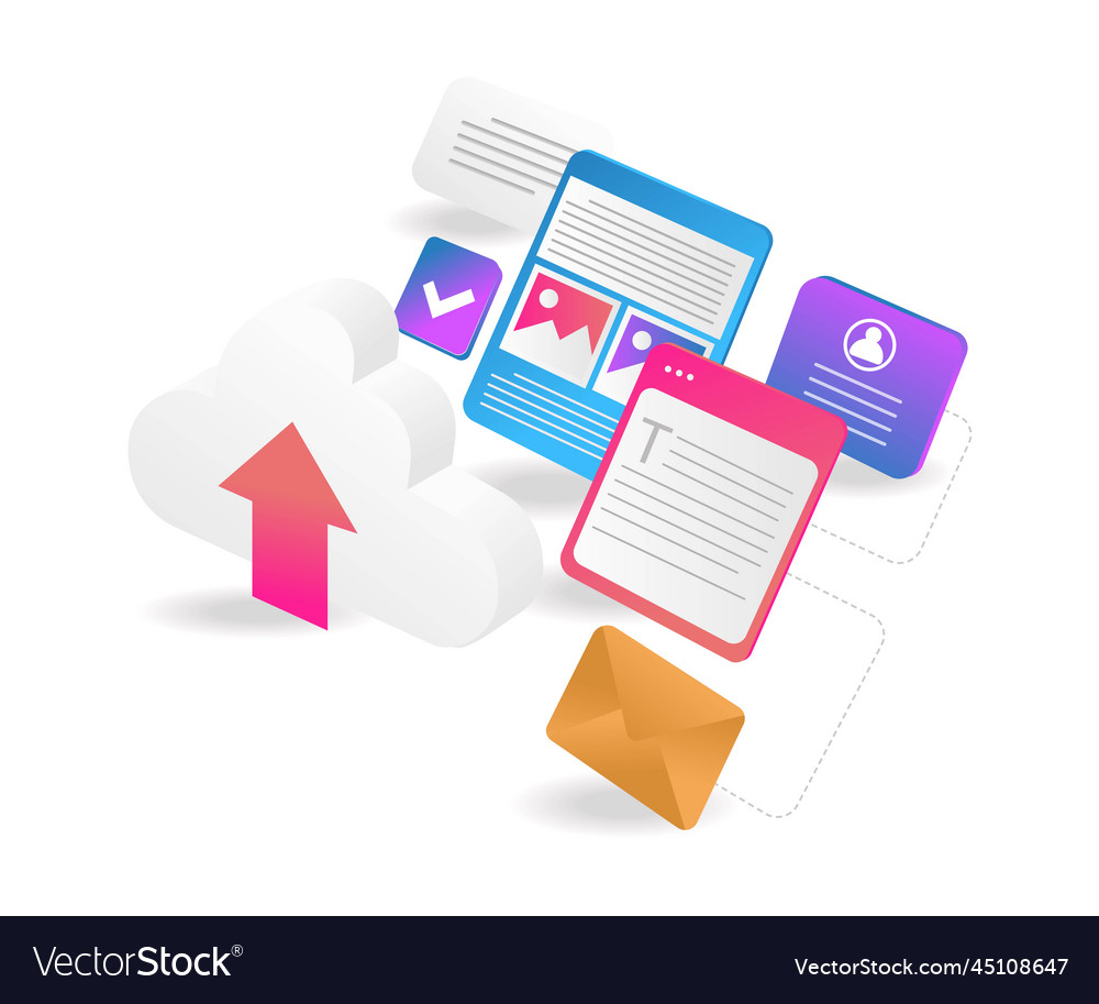 Flat isometric 3d cloud server data network vector image Flat isometric 3d cloud server data network
