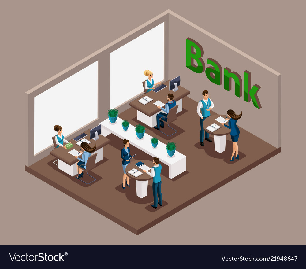 Isometric office of the bank bank employees serve Vector Image