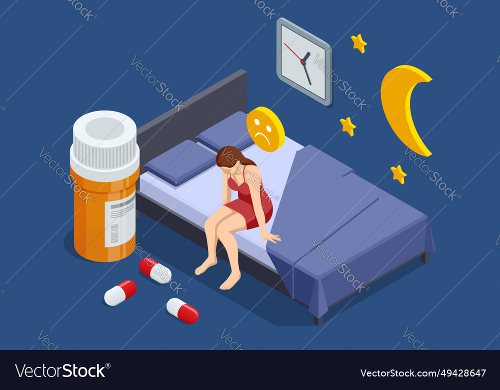 Isometric sleepy exhausted woman lying in bed can Vector Image