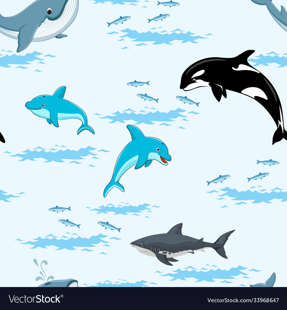 Sea animals on blue background pattern with whales