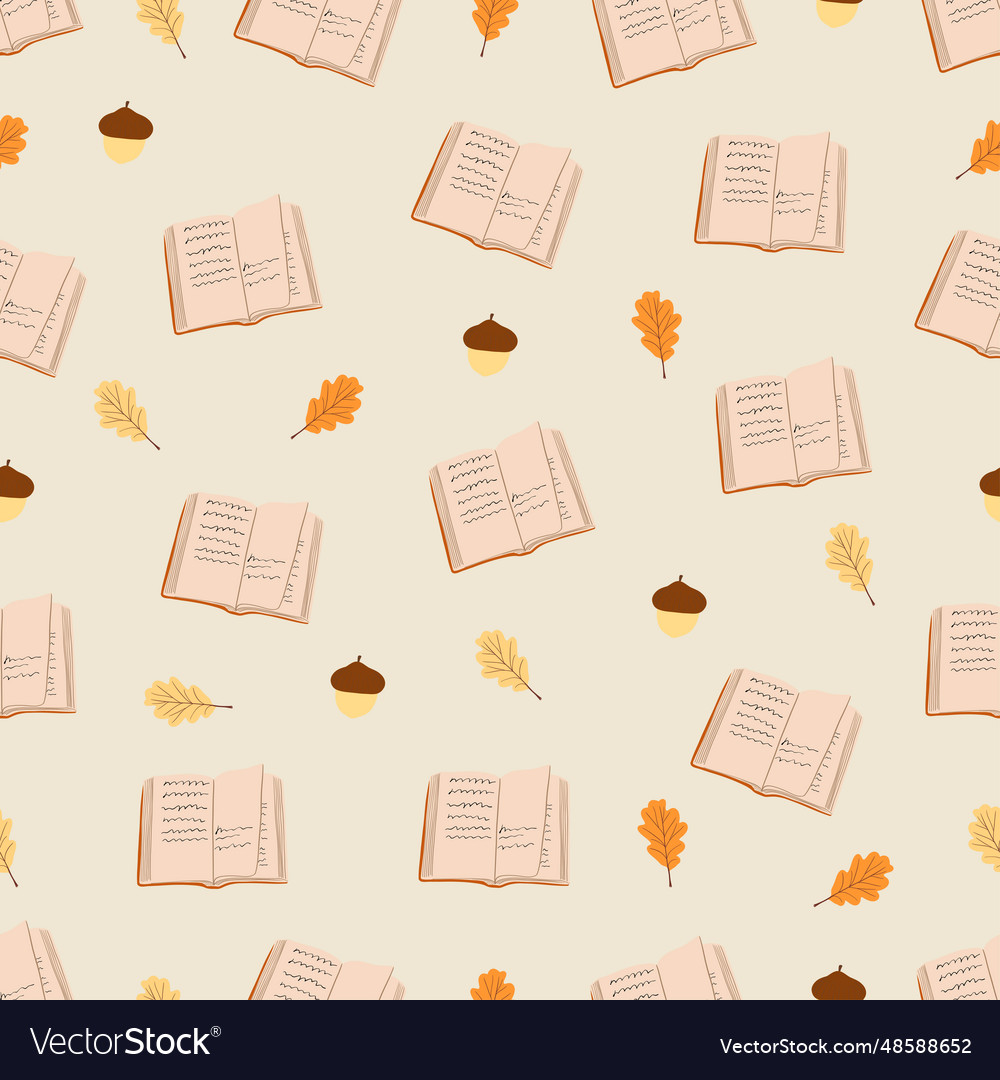 Autumn seamless pattern with book acorn