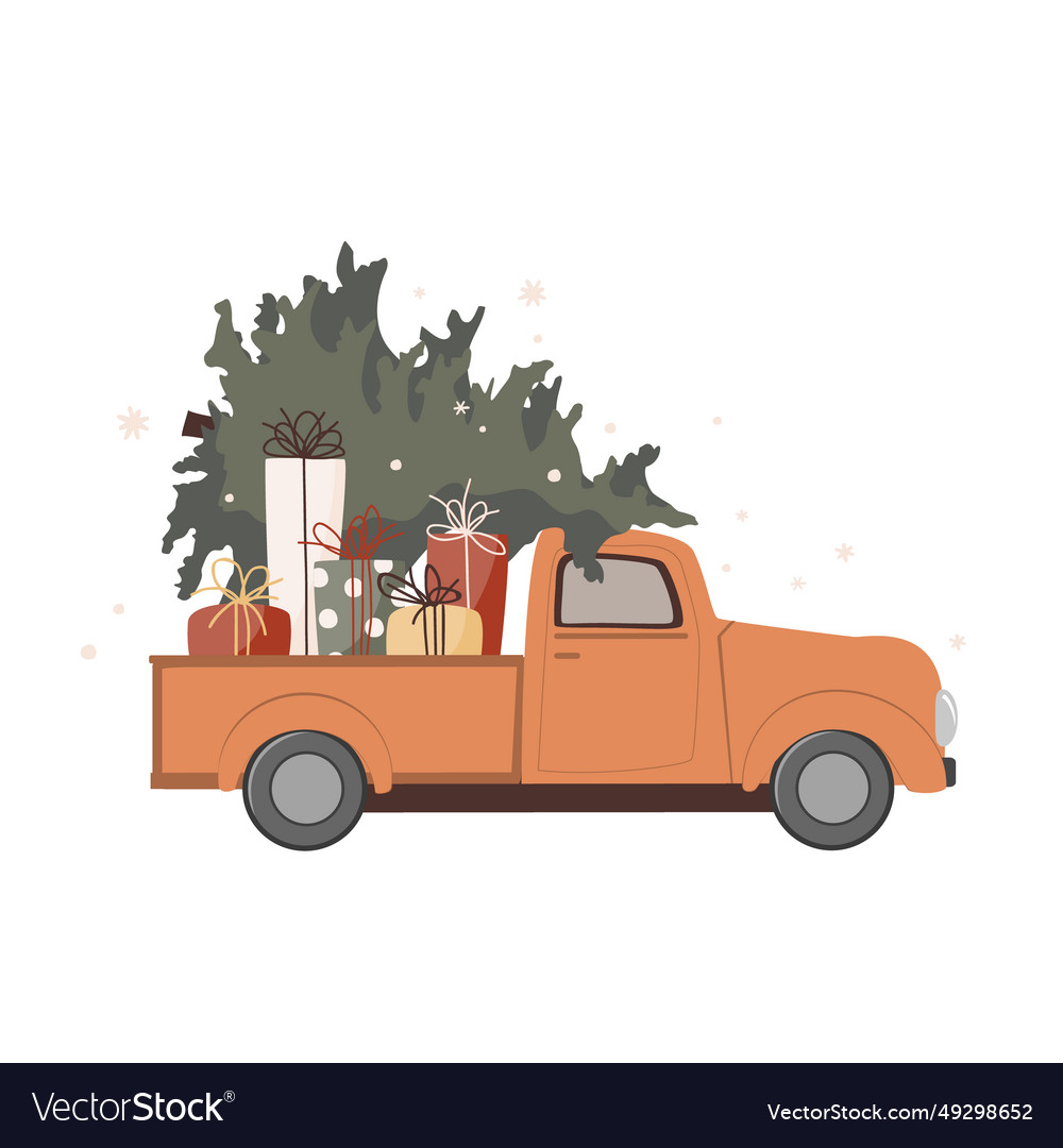 Christmas orange retro truck with a tree