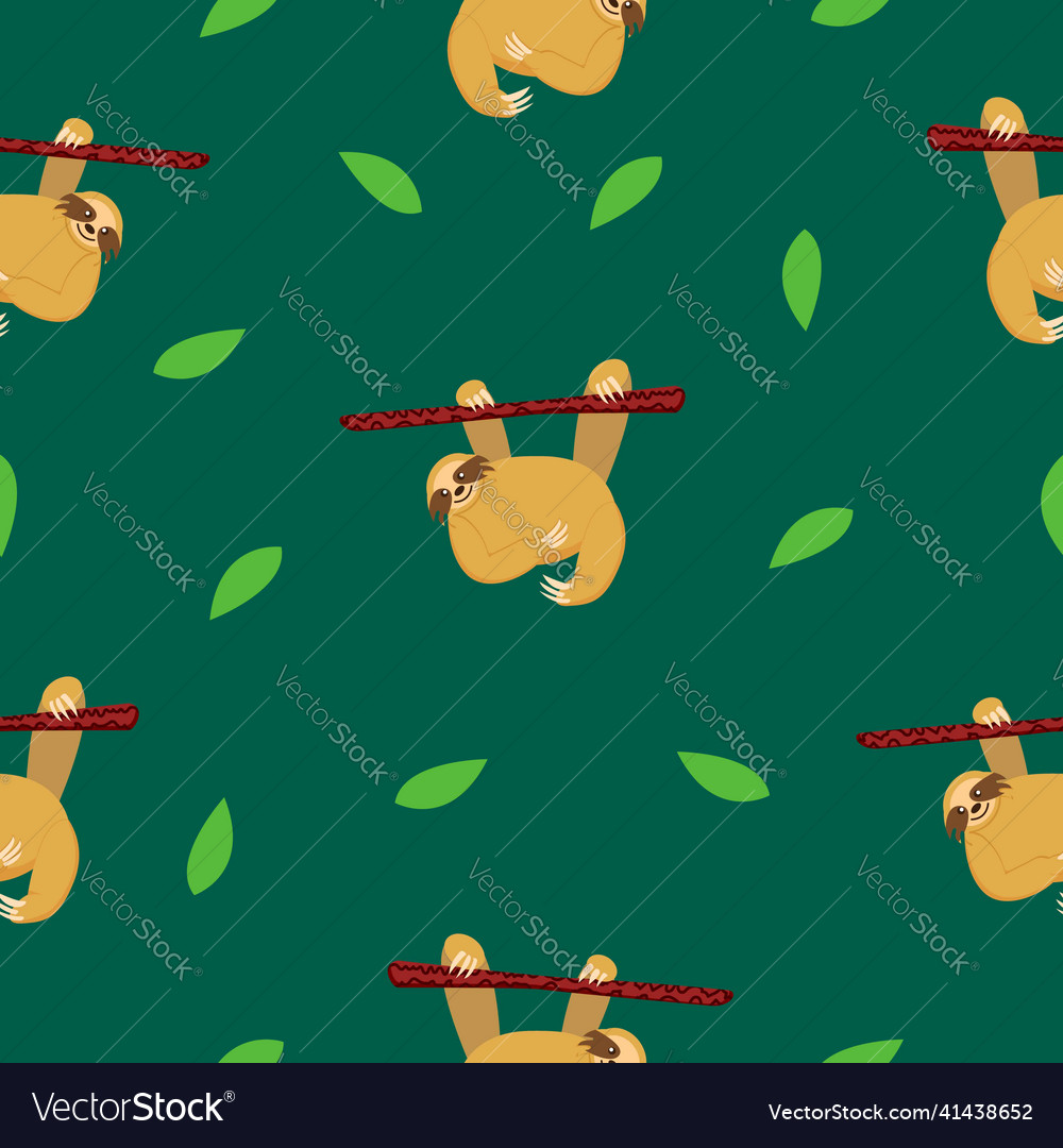 Seamless pattern of sloths hanging on tree branch