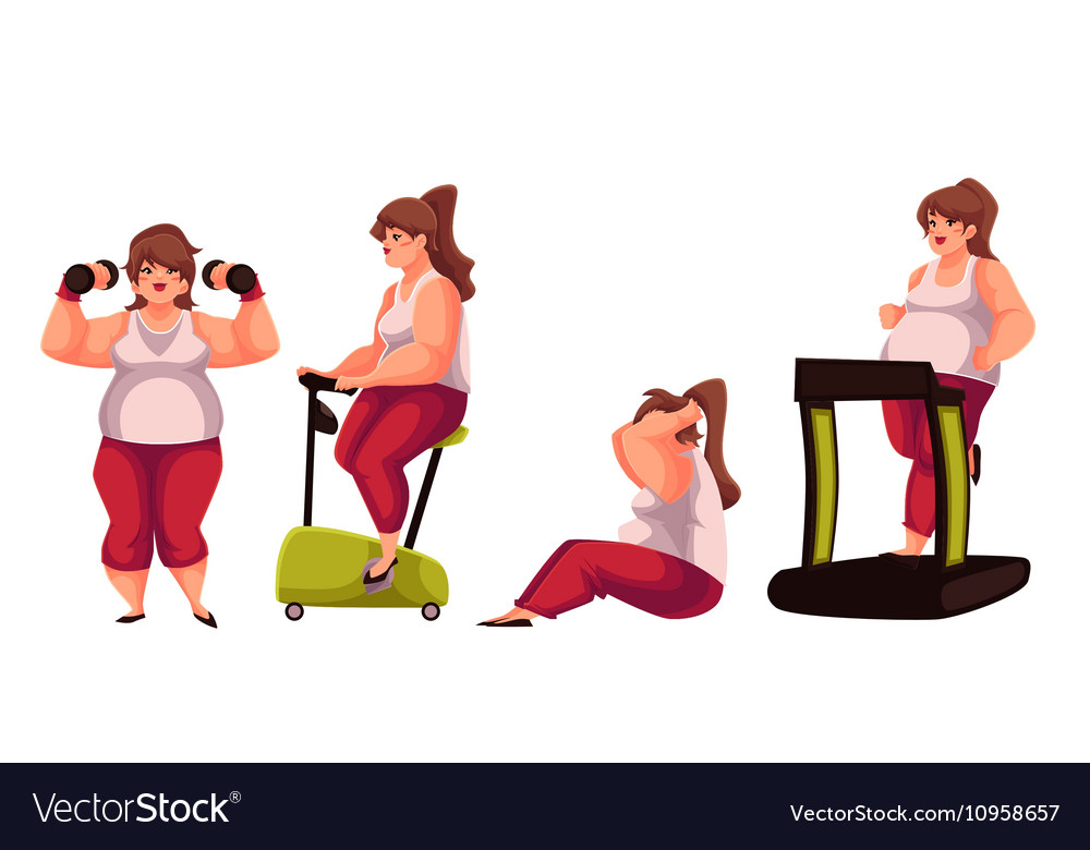 Fat woman doing sport exercises isolated on white