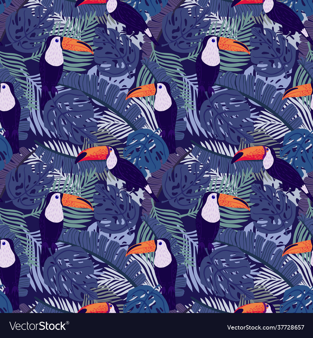 Seamless pattern toucans on botanical background