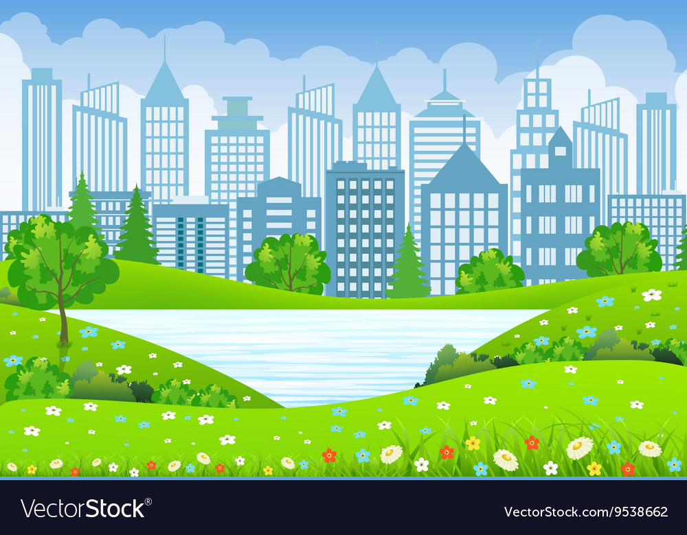 Green city landscape with tree lake and flowers