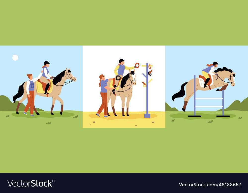 Horses and people three square compositions Vector Image