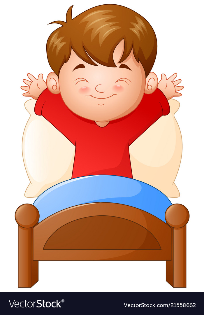 Little boy waking up in a bed on white background Vector Image