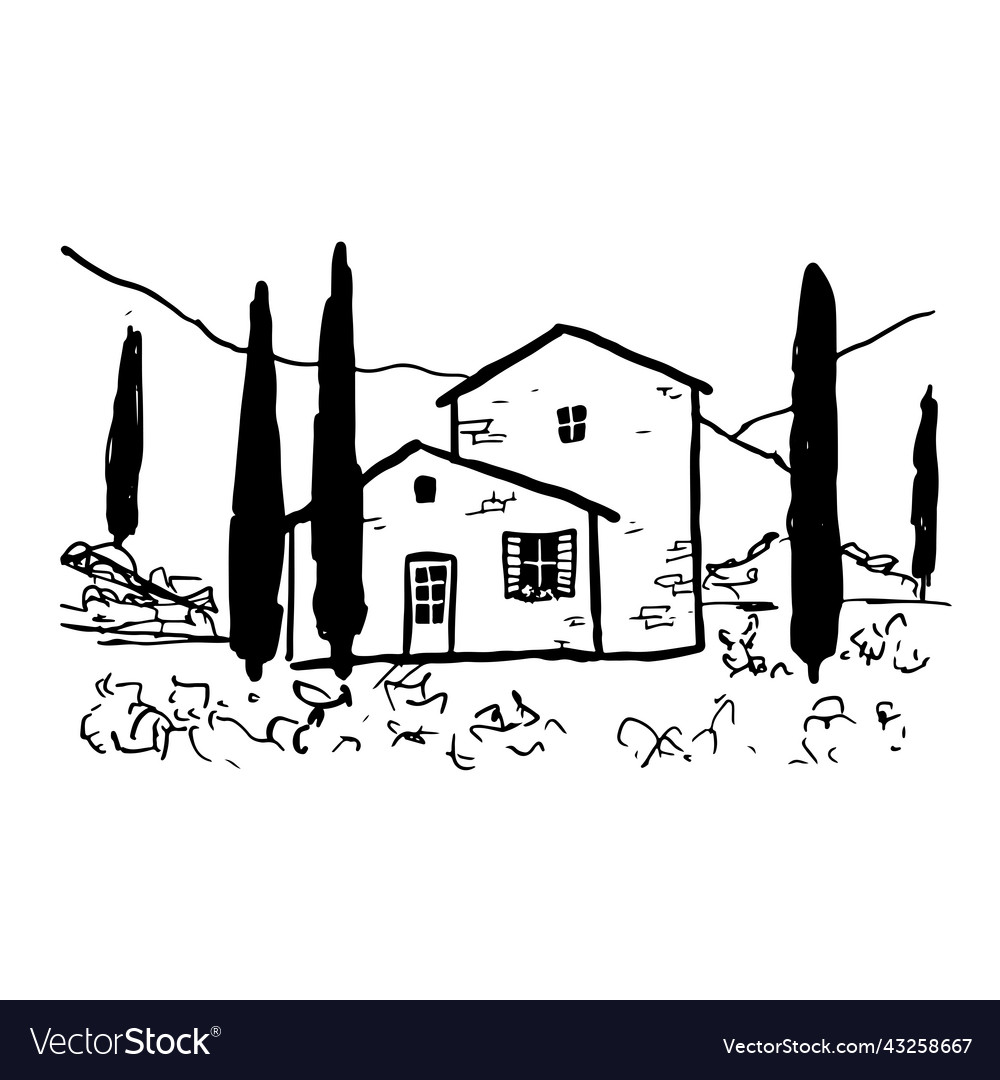 Ink hand drawn nature scene tuscany