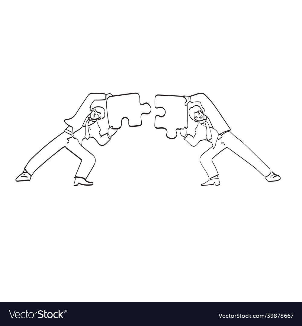 Line art two businessmen holding jigsaw puzzle