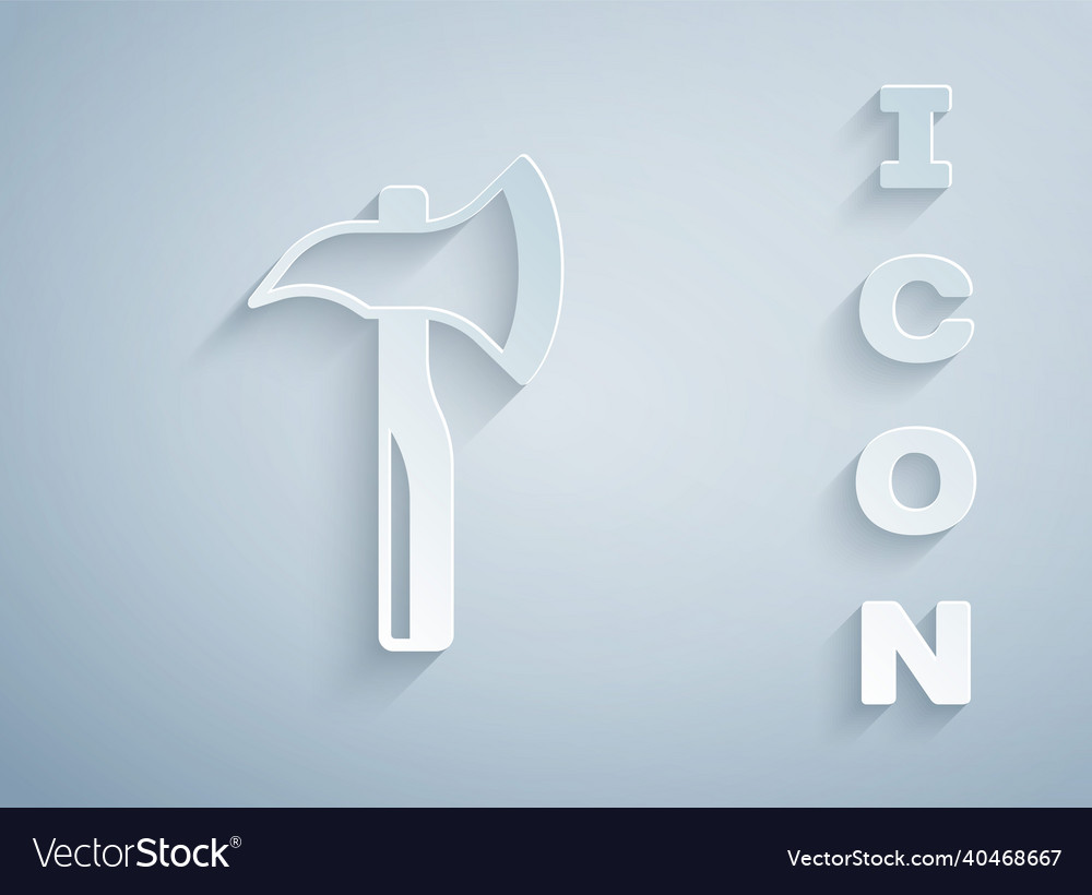 Paper cut firefighter axe icon isolated on grey