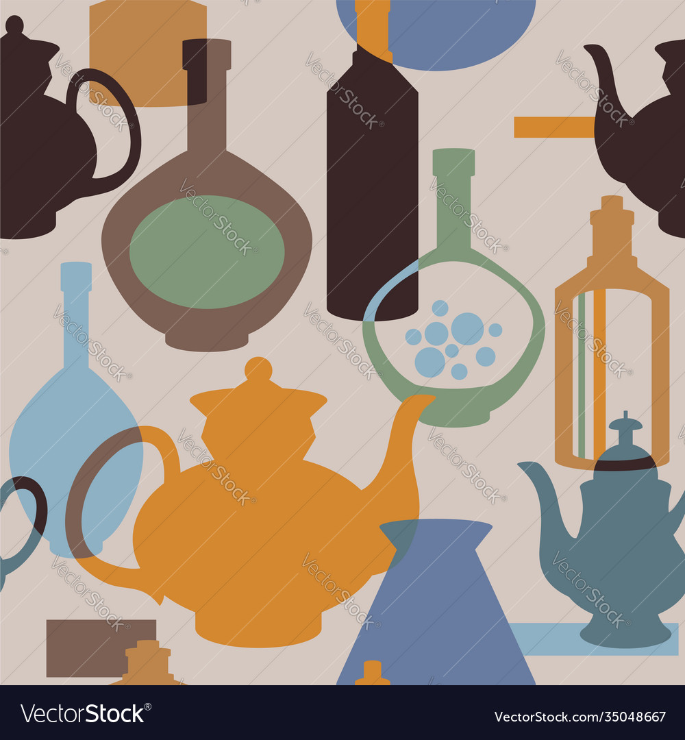 Seamless pattern with bottles and kettles