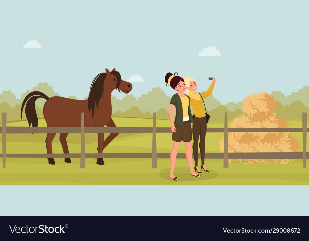 Girls selfie on farm flat young Royalty Free Vector Image