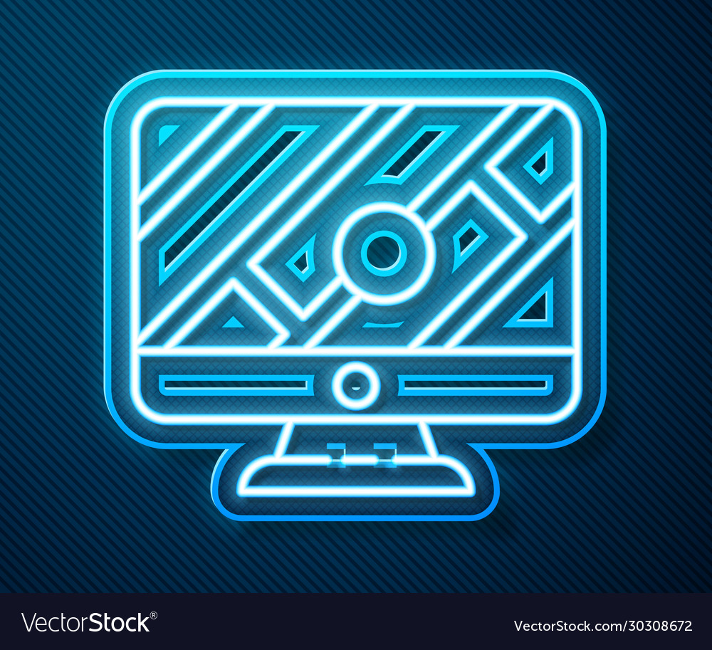 Glowing neon line computer monitor and folded map vector image Glowing neon line computer monitor and folded map