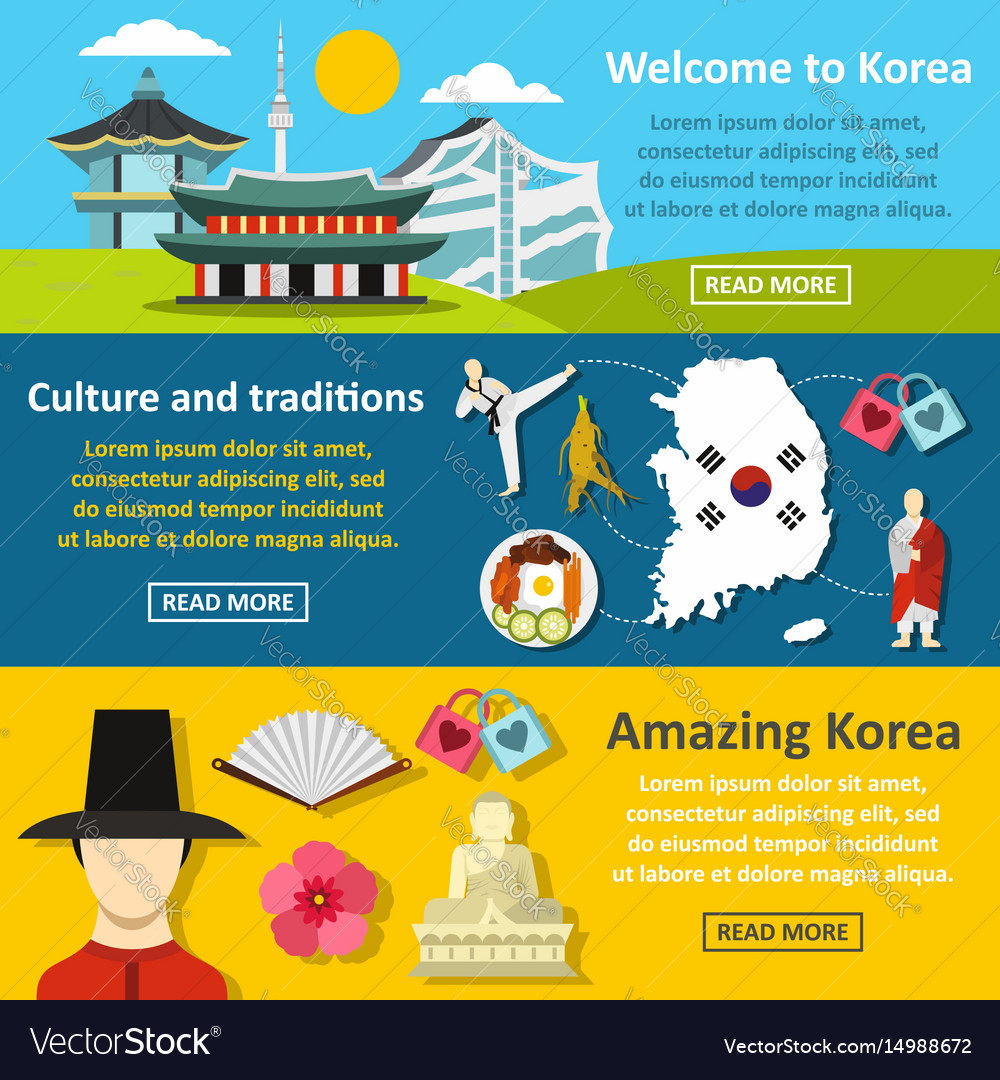 Korea Symbols Banner Horizontal Set Flat Style Vector Image