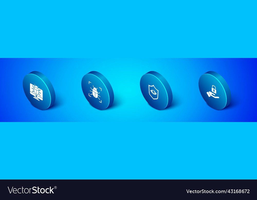 Set isometric system bug on monitor shield vector image Set isometric system bug on monitor shield