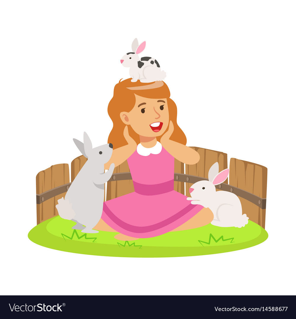 Happy smiling girl playing with small rabbits Vector Image