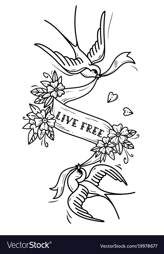 Two birds fly and carry ribbon in flowers Vector Image