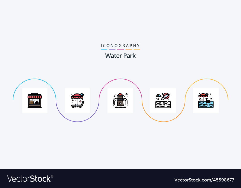 Water park line filled flat 5 icon pack including