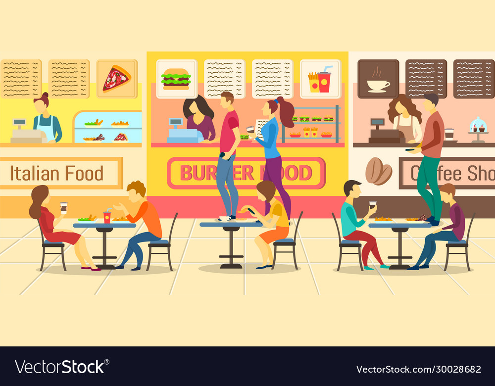 Cartoon color characters people and food court Vector Image