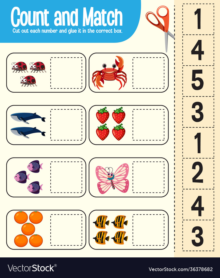 Count and match game maths worksheet for children Vector Image Count and match game maths worksheet for children