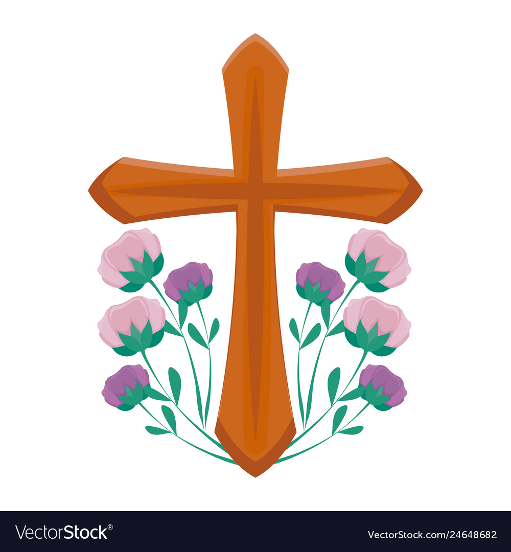 Cross catholic with flowers isolated icon Vector Image