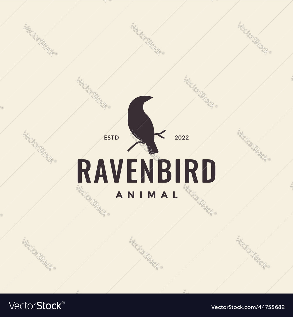 Raven bird with twig tree hipster vintage logo