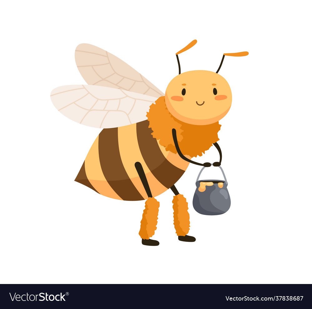 Cute smiling bee standing with honey pot in paws Vector Image