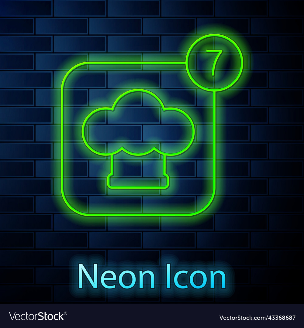 Glowing neon line chef hat icon isolated on brick