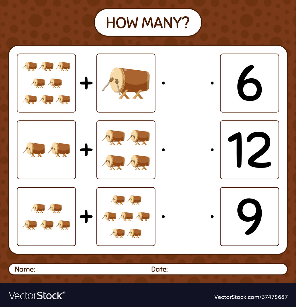 How many counting game with bedug drum worksheet Vector Image How many counting game with bedug drum worksheet