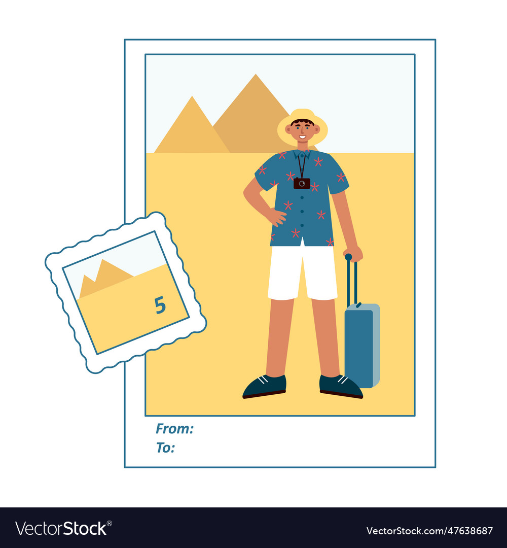 Male character takes commemorative photo tourism vector image Male character takes commemorative photo tourism