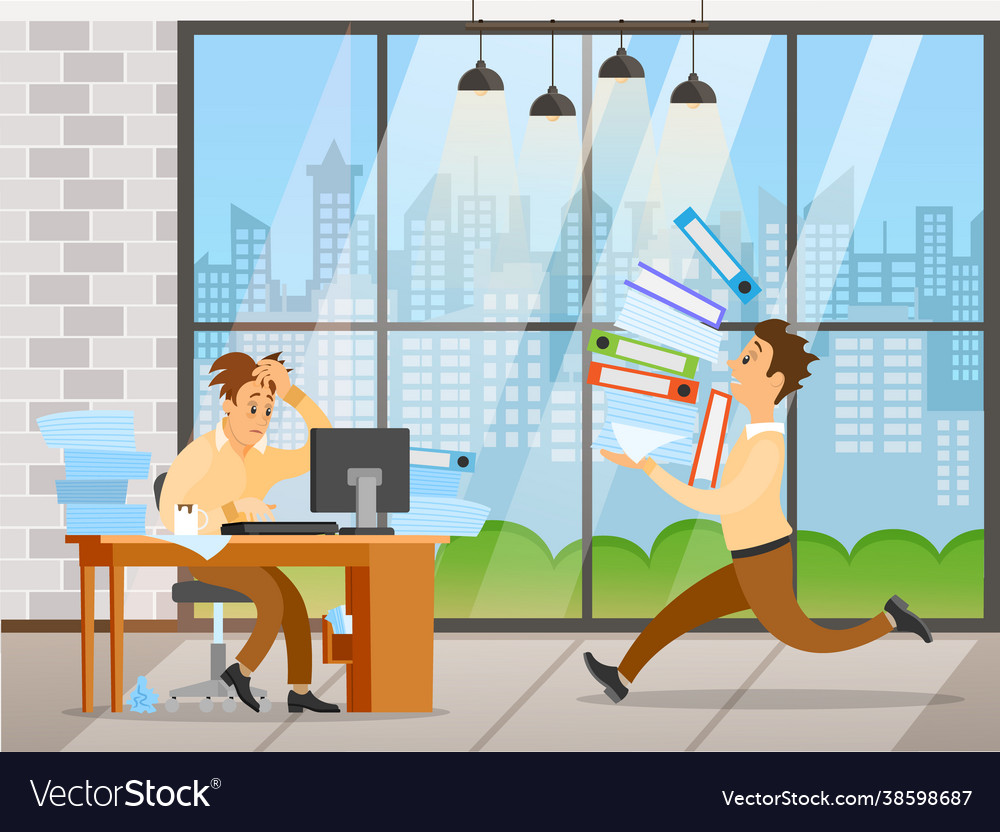 Man works with computer in office to finish task