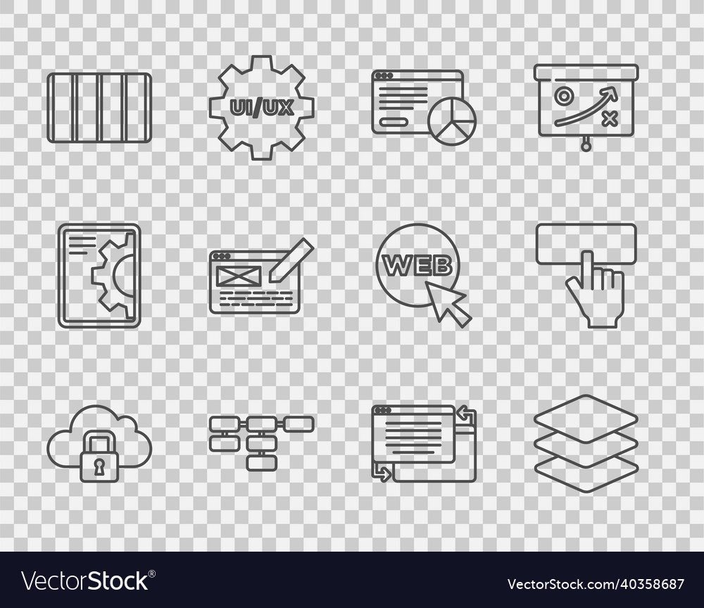 Set line cloud computing lock layers website vector image Set line cloud computing lock layers website