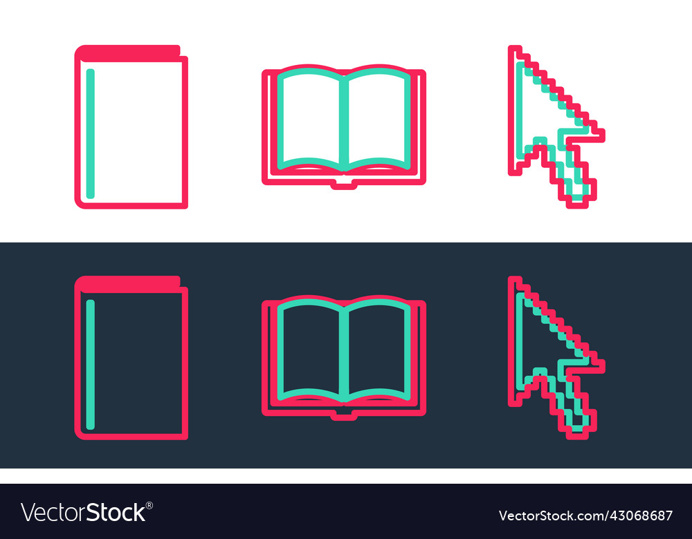 Set line pixel arrow cursor book and open vector image Set line pixel arrow cursor book and open