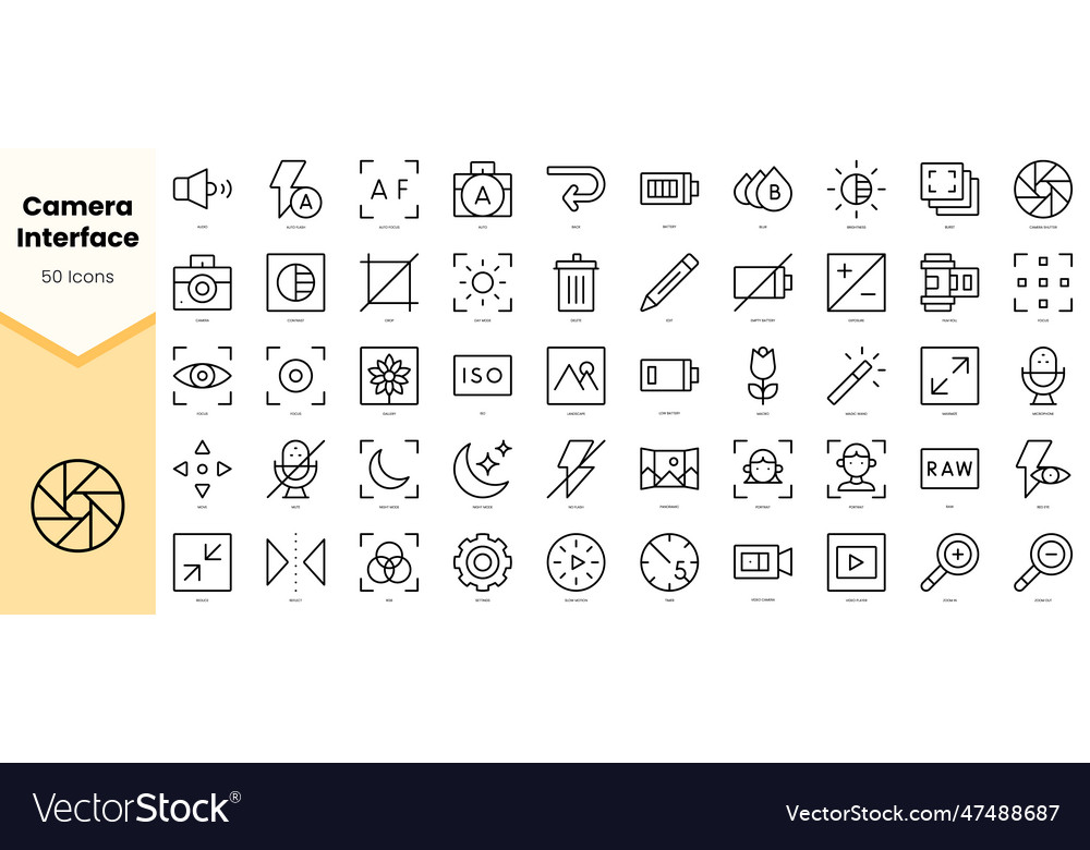 Set of camera interface icons simple line art vector image Set of camera interface icons simple line art
