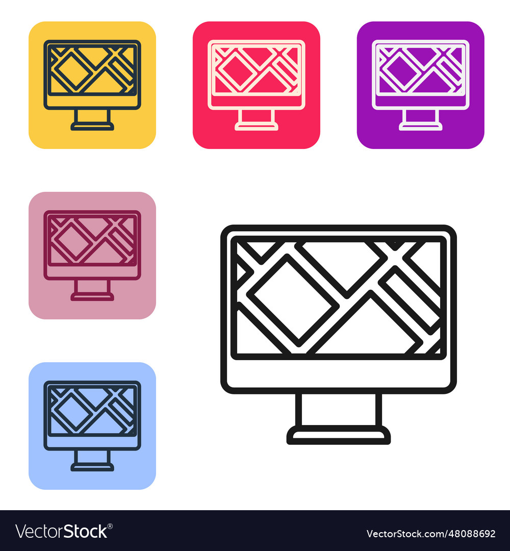 Black line computer monitor and folded map vector image Black line computer monitor and folded map
