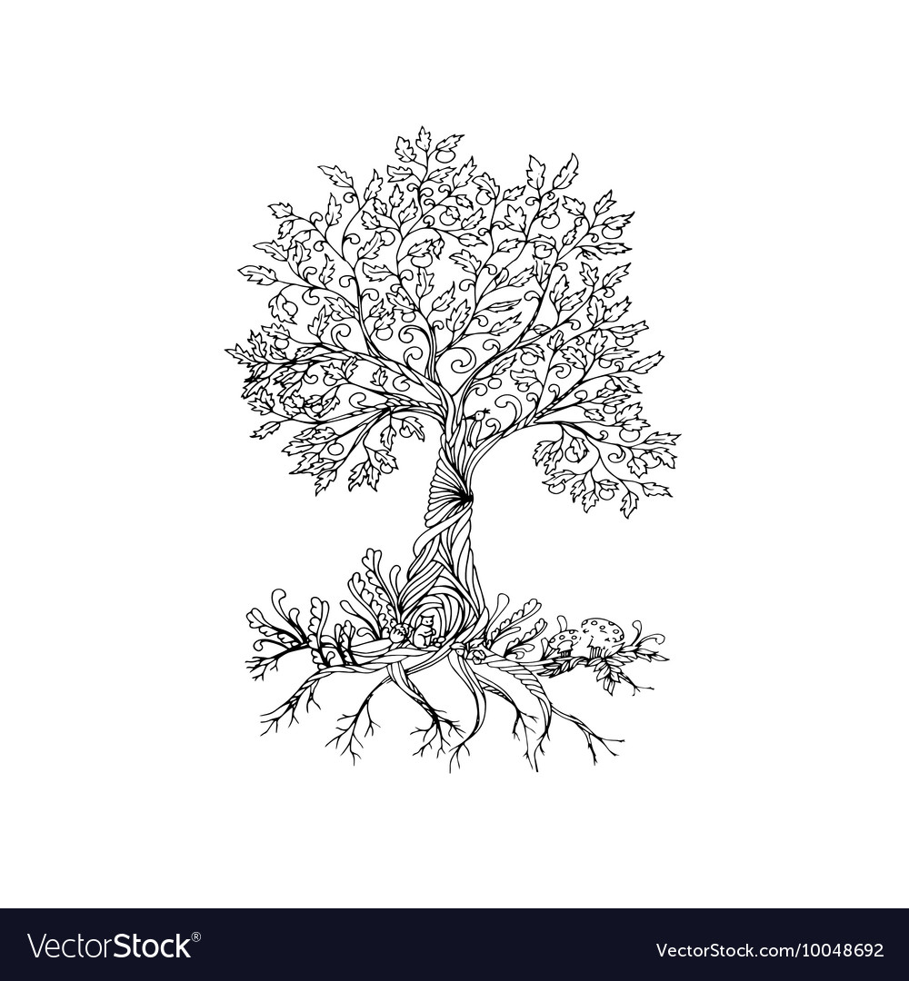 Fairy hand drawn black line art tree Royalty Free Vector