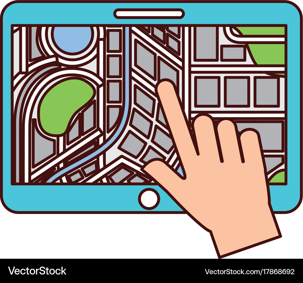 Hand touching tablet pc with street map pointer Vector Image